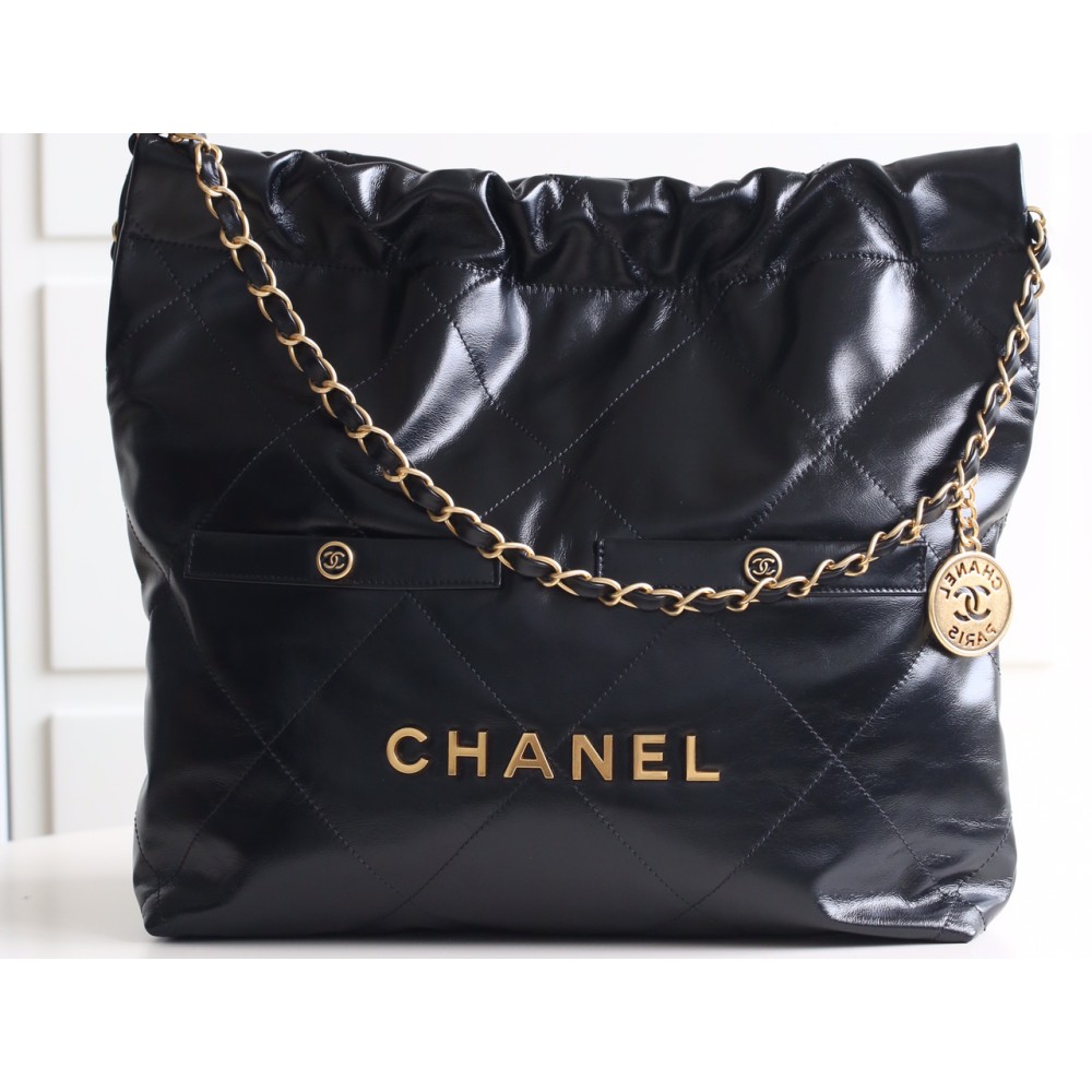 【24B 秋冬新作】Chanel 22 バッグ ダブルポケットモデル ブラックゴールド スモールサイズ | 人気のゴミ袋バッグ新バージョン 35×37×7 cm  