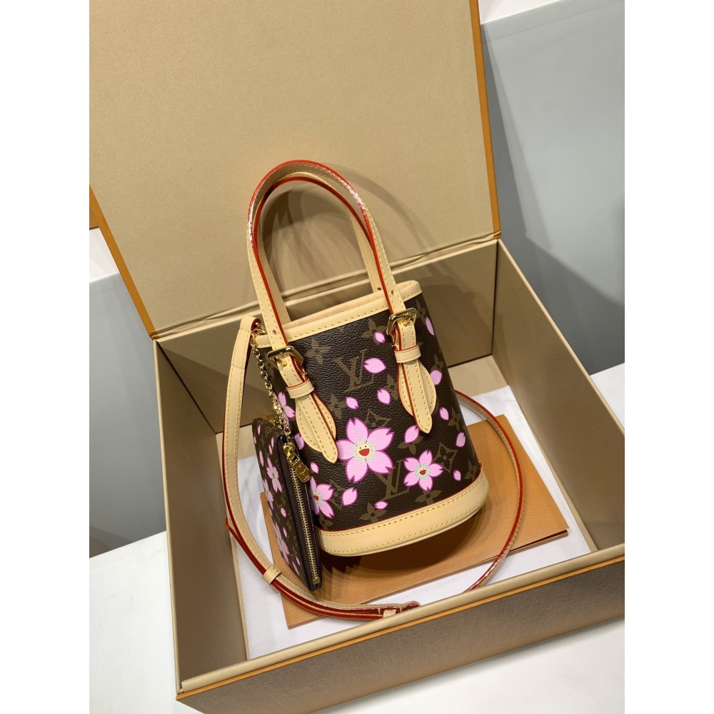  免税版 M13417G 全鋼製 ルイ・ヴィトン Nano Bucket ハンドバッグ 桜柄 17×9×13cm