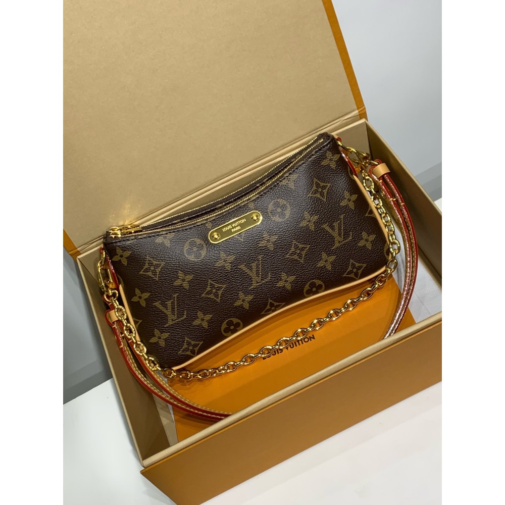 モノグラムバッグ 全鋼 M83008 Liv Poch ette｜Monogram キャンバス × 金色チェーン × 天然牛革、ダブルファスナーでセキュアなスタイリッシュバッグ​ 24.4×13.5×6.6cm
