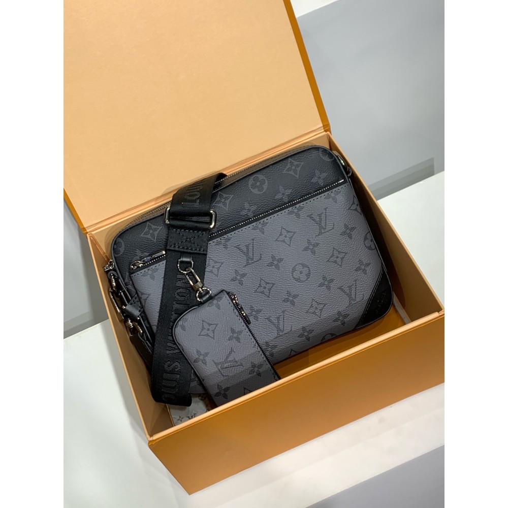 モノグラムバッグ 全鋼 M69443G Trio ポストマンバッグ｜Monogram Eclipse キャンバス × モノトーングレー柄、着脱ポーチとコインケースで実用性抜群​ 25×18.5×7cm