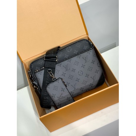 モノグラムバッグ 全鋼 M69443G Trio ポストマンバッグ｜Monogram Eclipse キャンバス × モノトーングレー柄、着脱ポーチとコインケースで実用性抜群​ 25×18.5×7cm