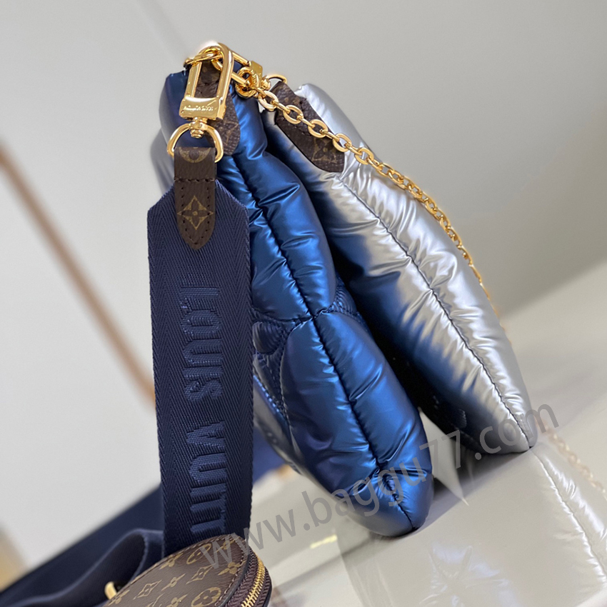 M 21057ブルーこのMaxi Multi-Pochette Accessoiresハンドバッグは今シーズンのLV Pillowカプセルシリーズから出て、ナイロンを回収して妙味のある構造を作る。長肩ベルトとチェーンベルトはすべて取り外し可能で、手提げは斜めにまたがって心に合わせて切り替えられる。小銭入れも自由に出し入れできます